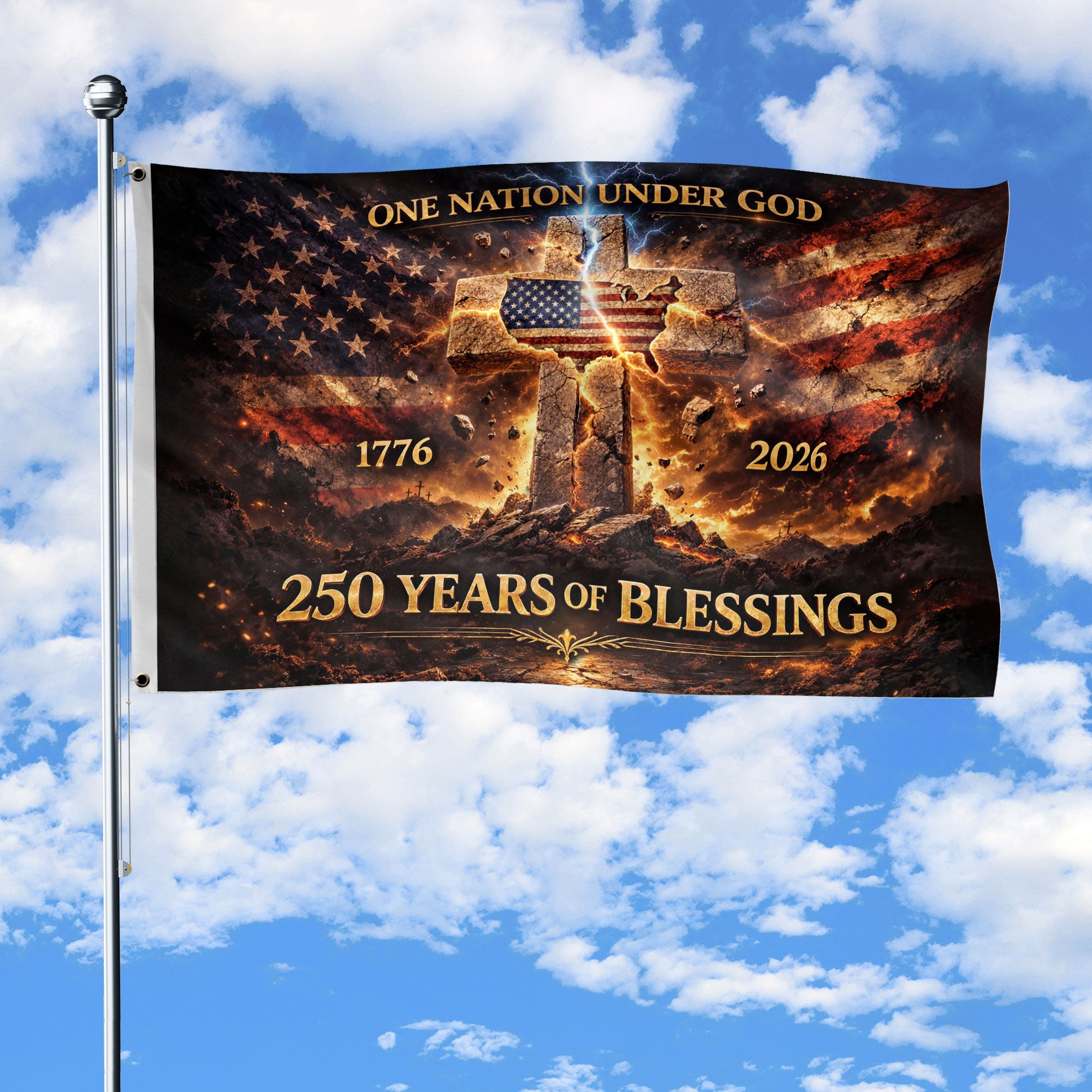 Faith And Freedom 250 Years Christian Flag 1776–2026 – Stone Cross USA Map Double Sided Religious Banner