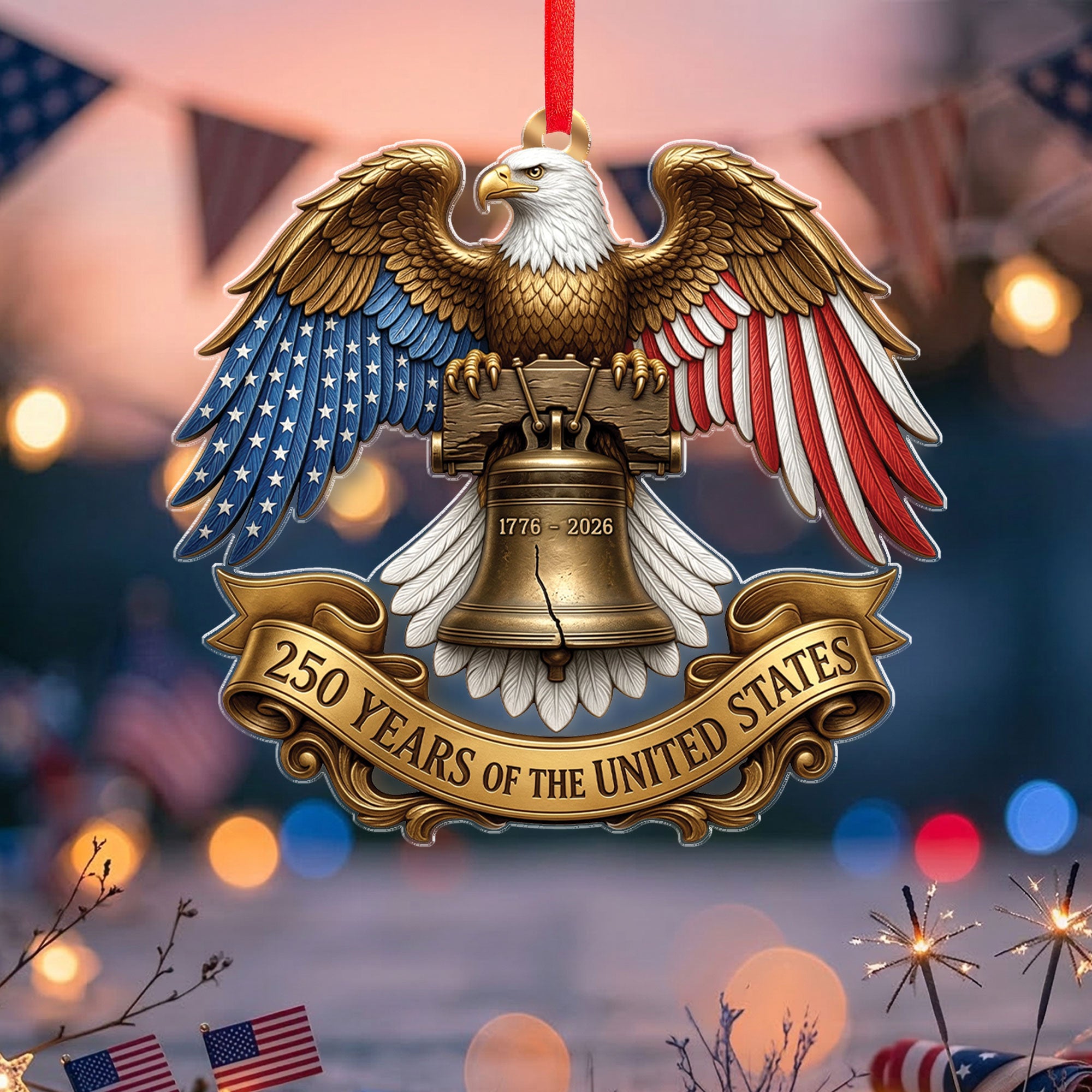 250 Years United States 1776-2026 Golden Ribbon Liberty Bell Eagle Acrylic Ornament