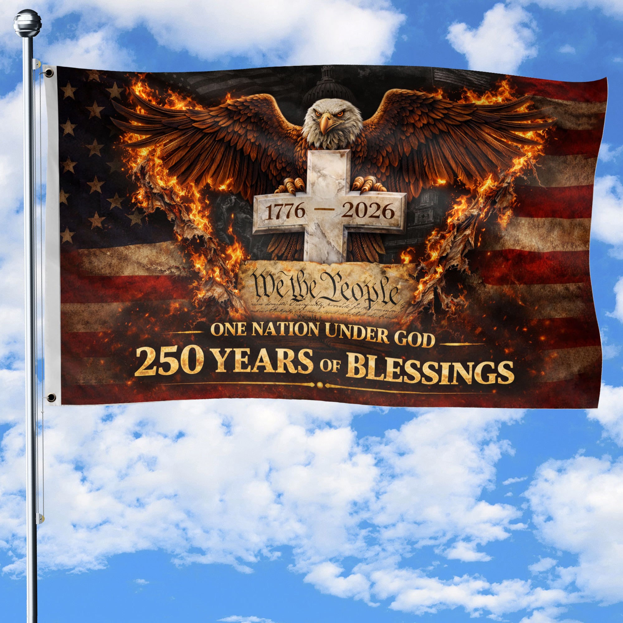 250 Years of Blessings Flag 1776-2026 We The People Christian Eagle Cross USA Banner 3x5ft