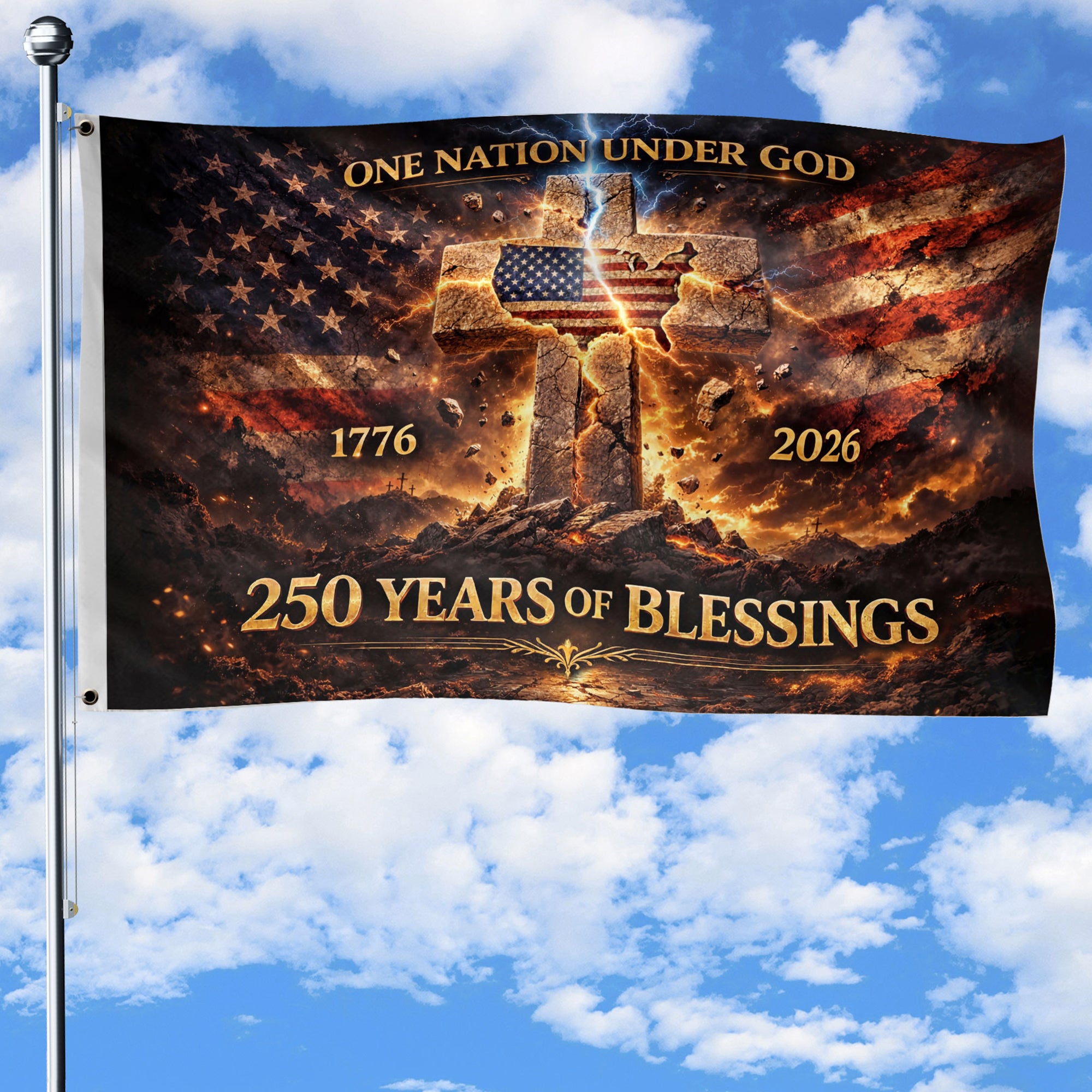 One Nation Under God House Flag 1776–2026, Christian Cross USA 250 Years of Blessings 3x5ft