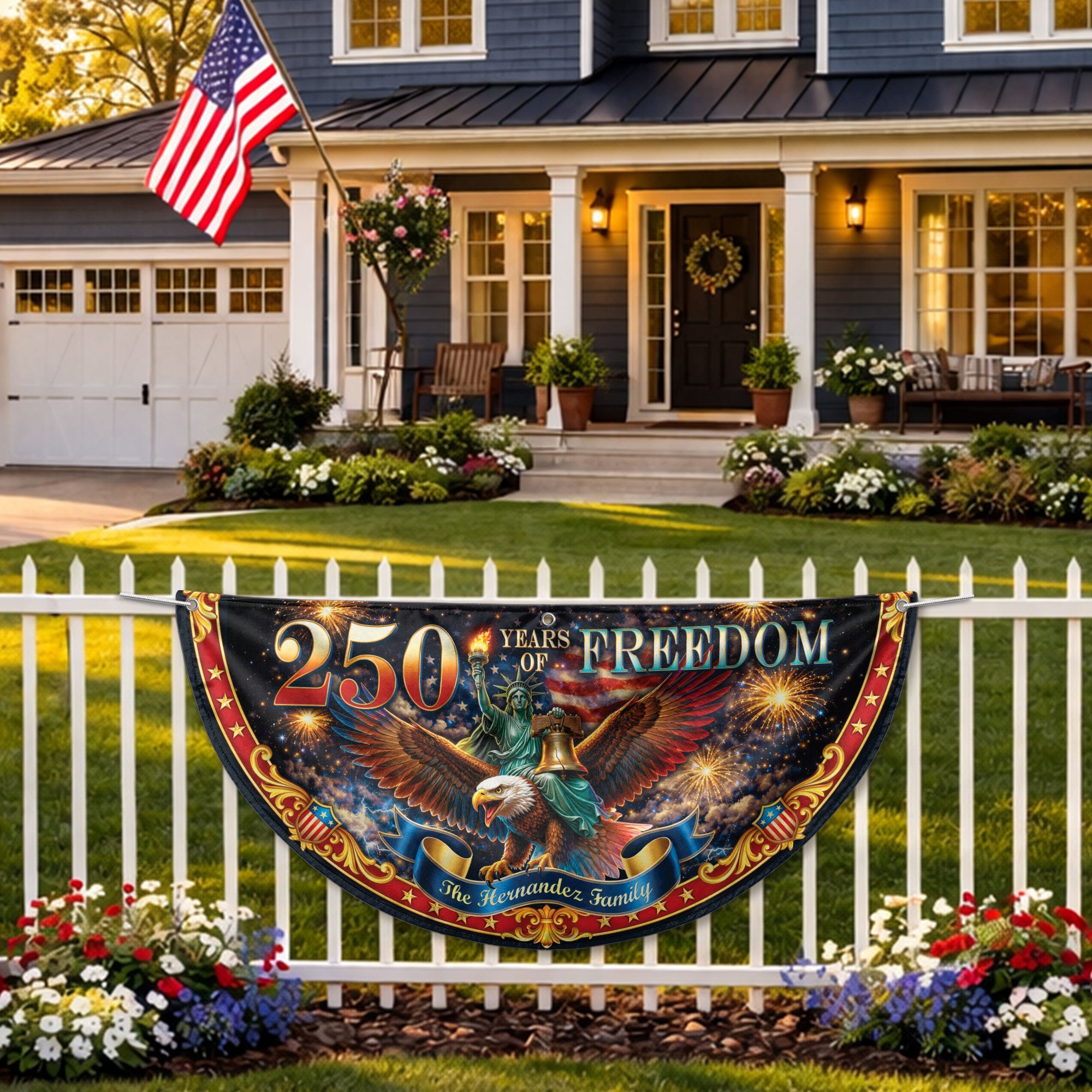 250 Years of Freedom Custom Family Name Patriot Fence Flag - Outdoor Bunting Banner