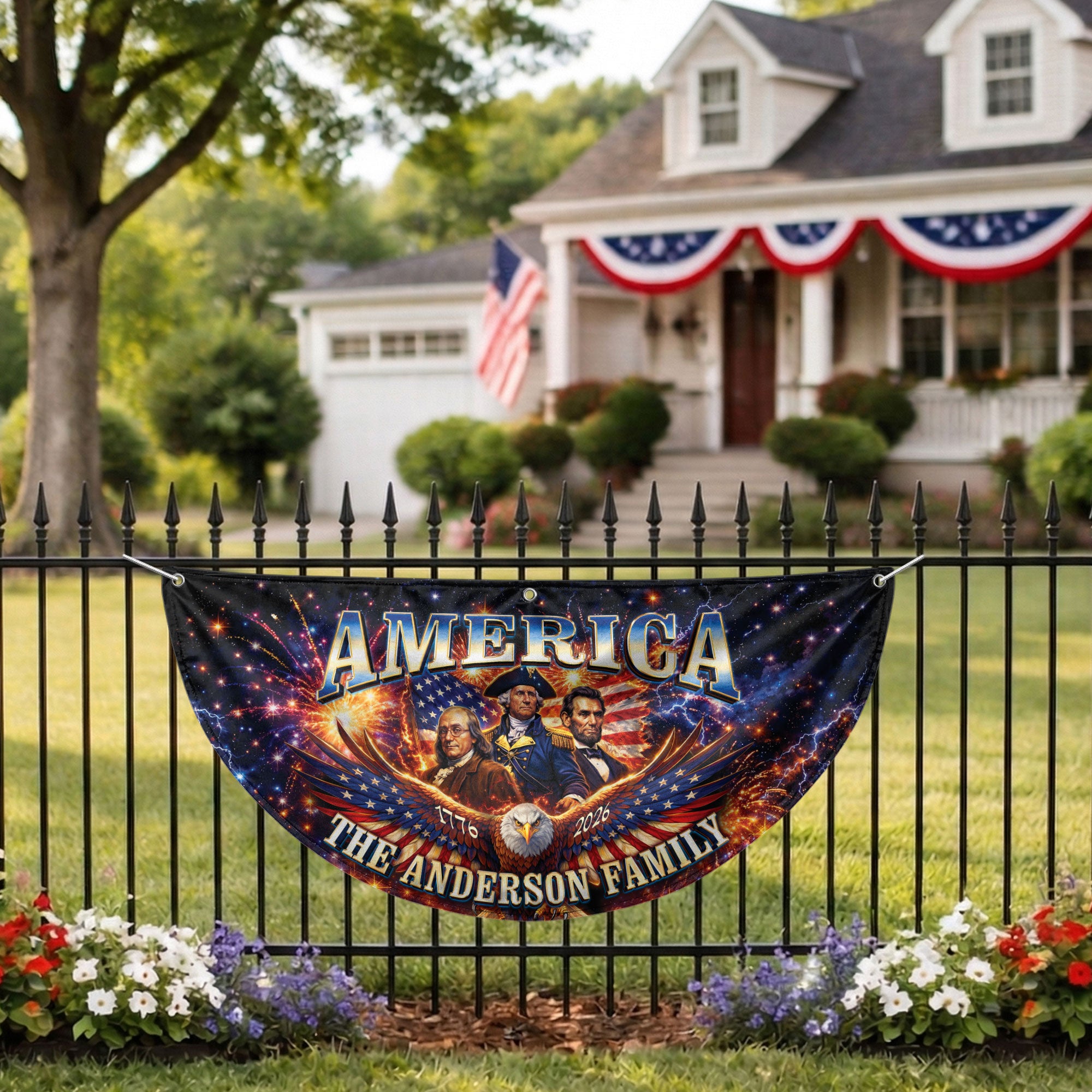 Custom Family Name America 1776-2026 Historical Founding Fathers Patriot Fence Flag