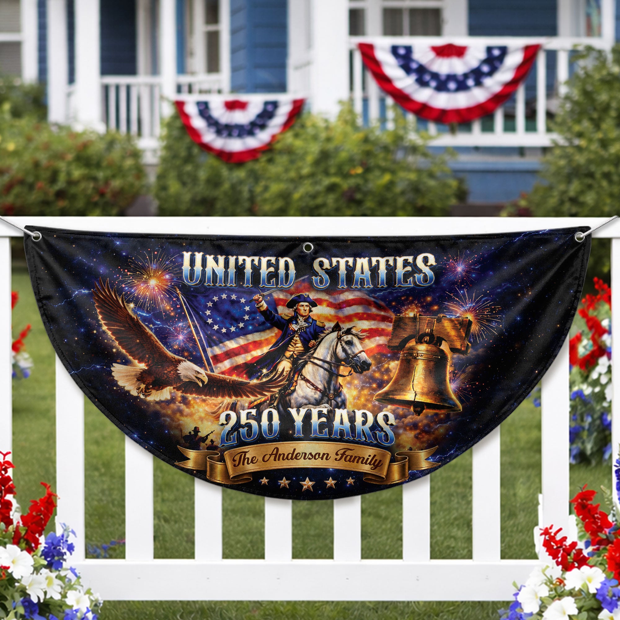 Custom Family Name United States 250 Years George Washington Patriot Eagle Fence Flag