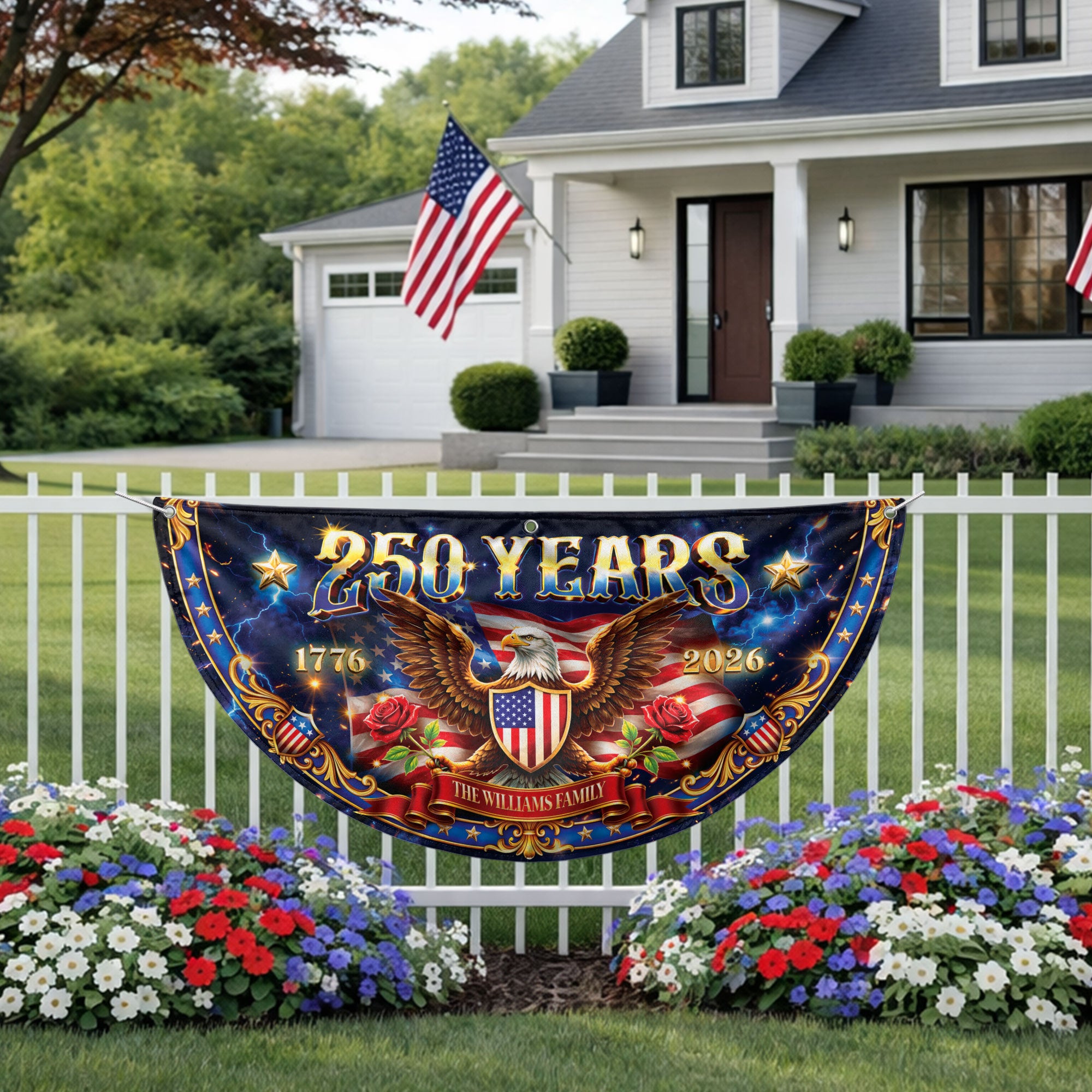 250 Years 1776-2026 Custom Family Name Patriot Eagle Shield Fence Flag Bunting Banner