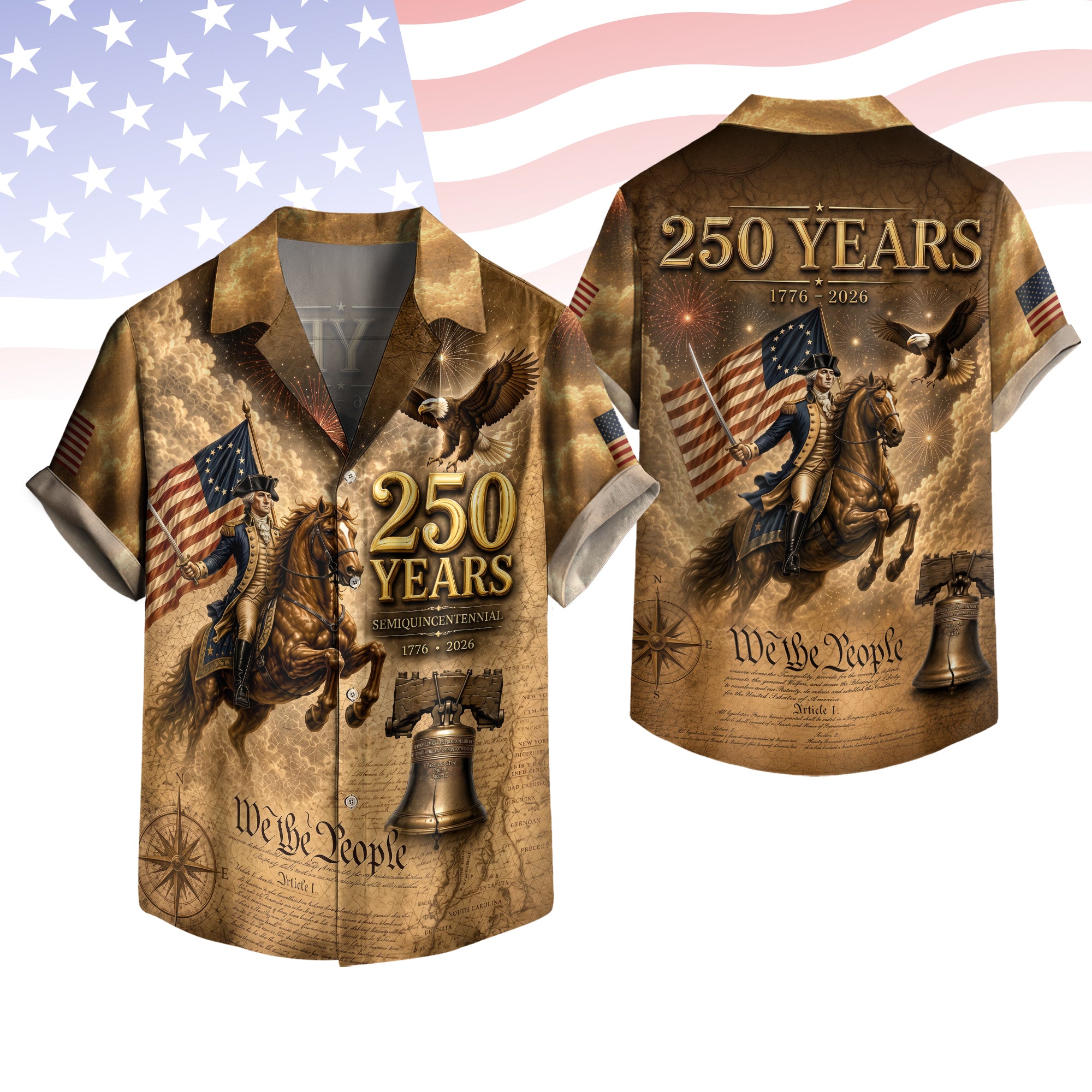 Hawaiian Shirt Patriotic 1776-2026 George Washington US Flag Liberty Bell