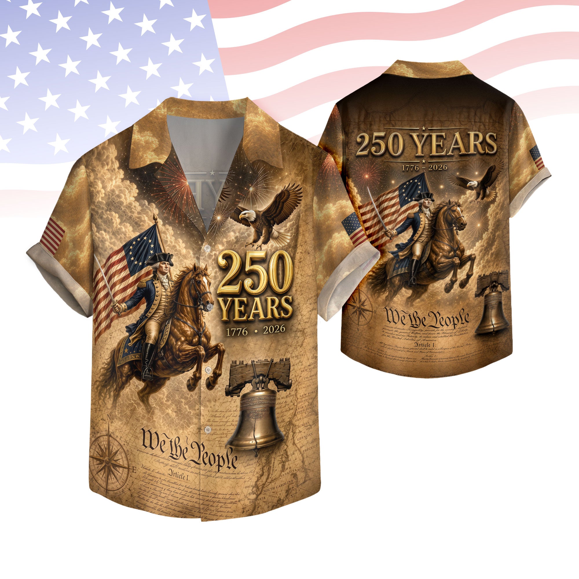 Hawaiian Shirt Patriotic 1776-2026 George Washington US Flag Liberty Bell