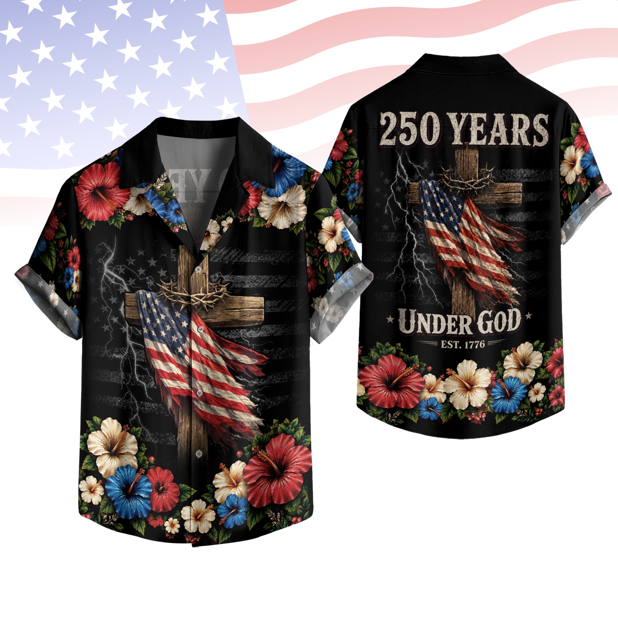 Hawaiian Shirt Christian Under God Cross US Flag 1776 2026 Patriotic Floral