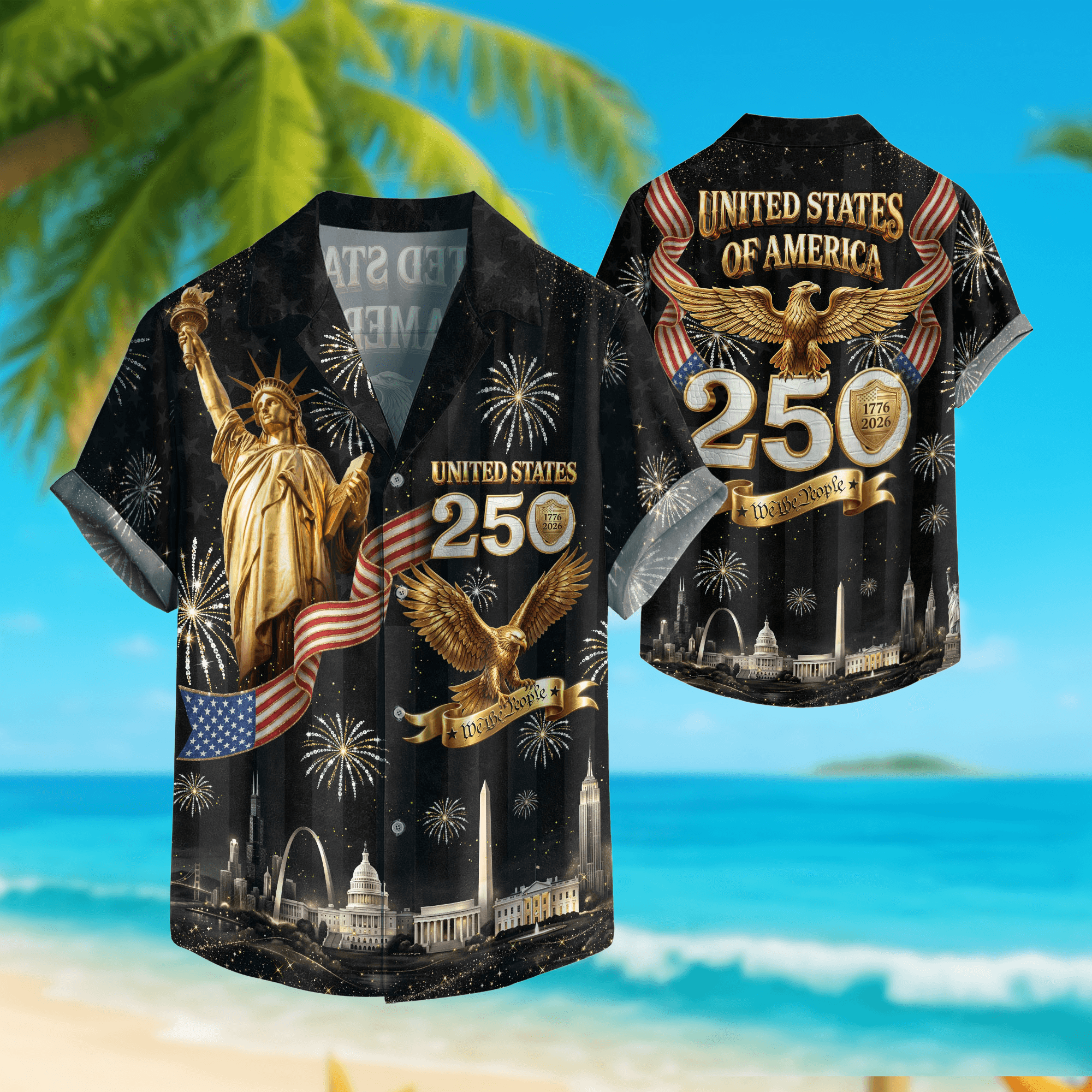 Hawaiian Shirt Statue of Liberty Fireworks 1776 2026 Patriotic US 250th Anniversary