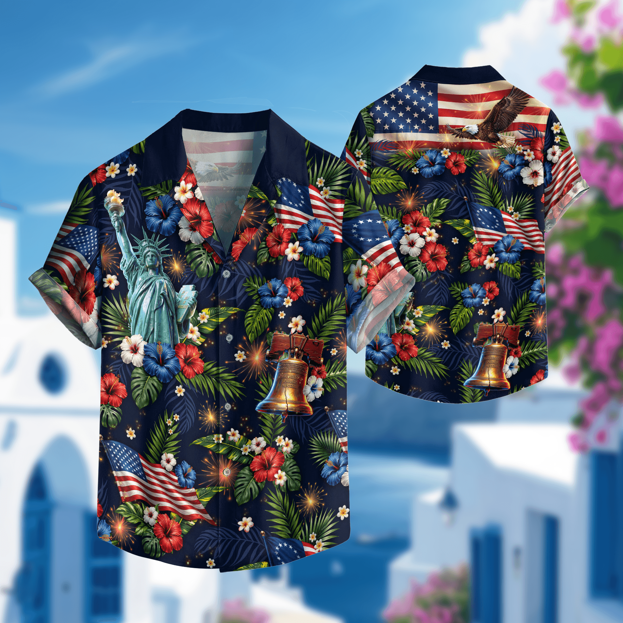 Hawaiian Shirt Patriotic US Flag Hibiscus Floral Eagle Liberty Bell Independence Day