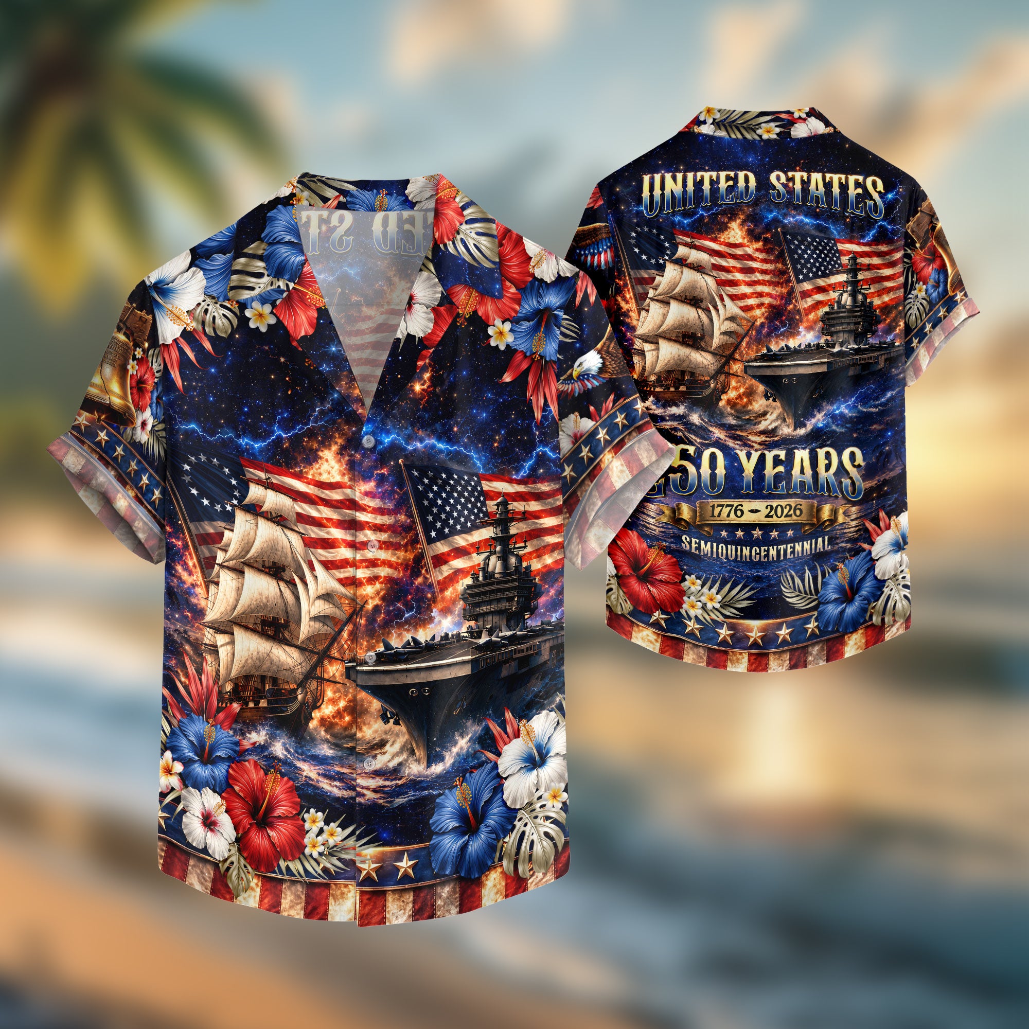 Patriotic 250 Years Hawaiian Shirt American Flag Battleship Summer Vacation Gift