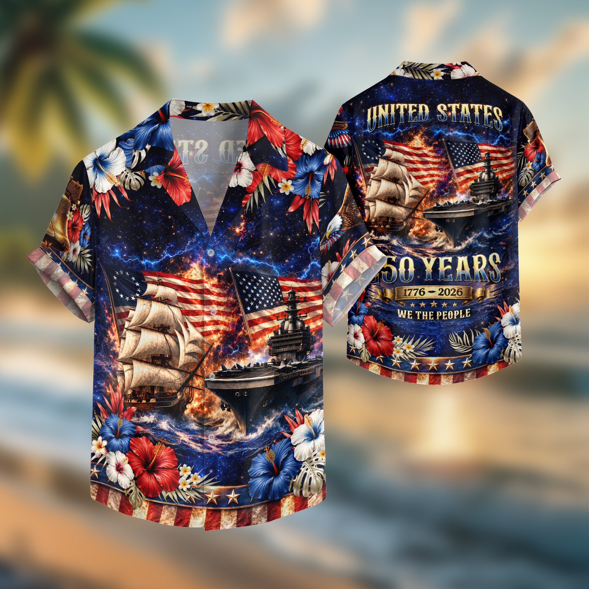 Patriotic 250 Years Hawaiian Shirt American Flag Battleship Summer Vacation Gift