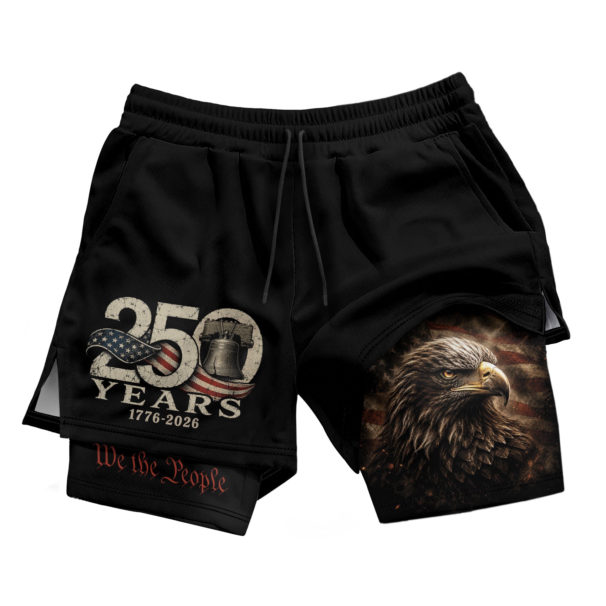 Gym Shorts Men Patriotic Liberty Bell Eagle 1776 2026 We The People Mesh Workout - Rust Field Wear