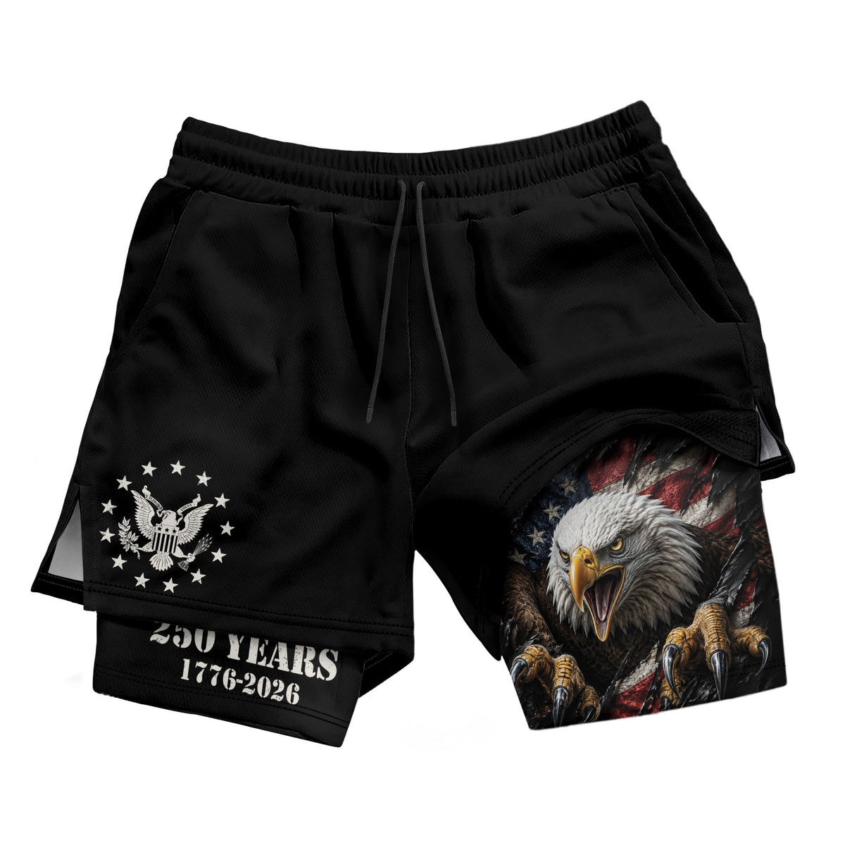 250 Years Eagle Gym Shorts 1776-2026 Patriotic American Flag Workout Shorts upsale - Rust Field Wear