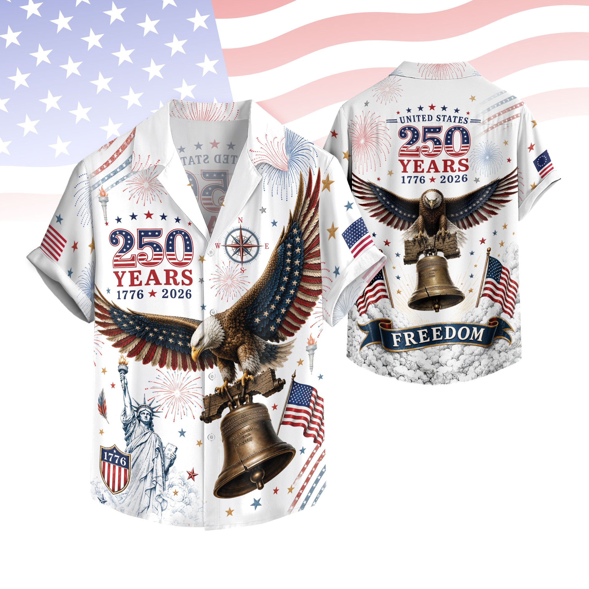 Hawaiian Shirt 4th of July Independence Day US Patriotic Eagle Graphic Button Down