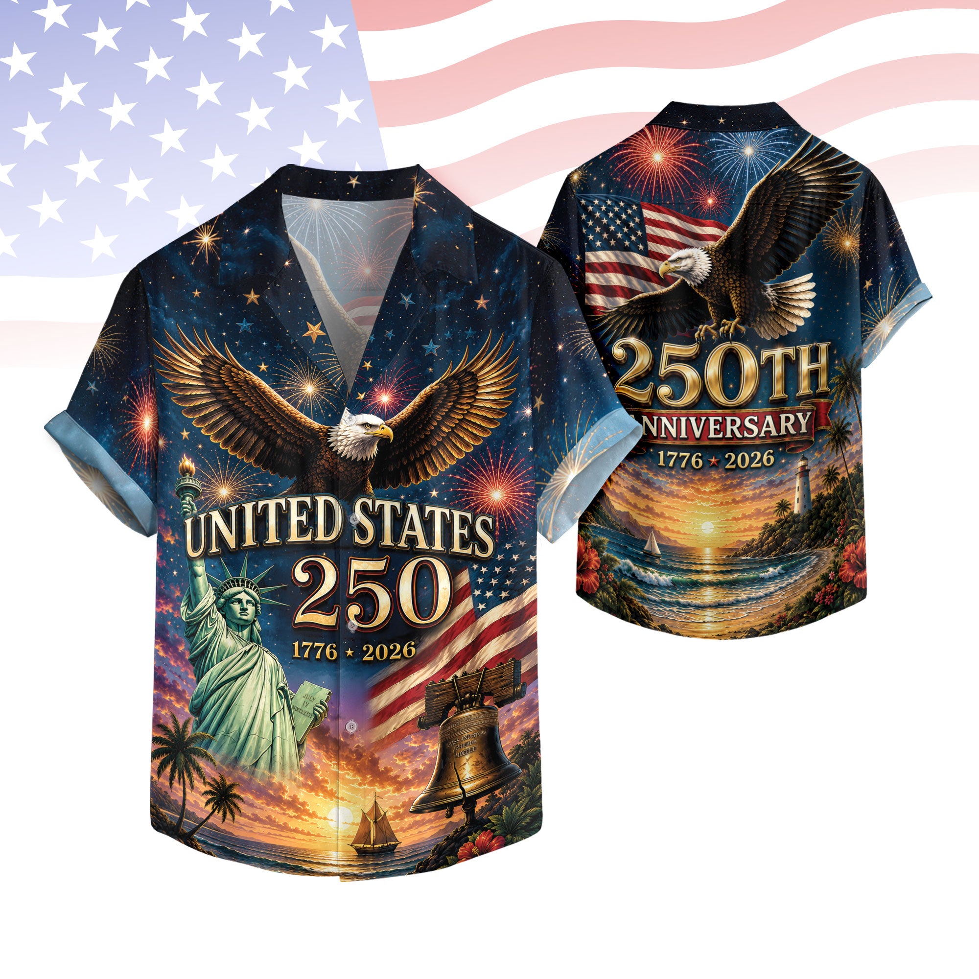 Hawaiian Shirt 250th Anniversary Patriotic US Flag Liberty Bell Gift For Men Women