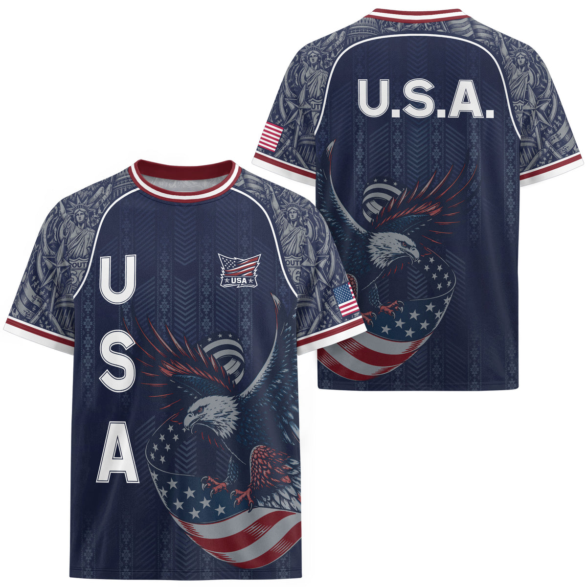 Navy Blue USA Soccer Jersey Bald Eagle Football Shirt Patriotic American Flag Sports Fan Apparel for Men - Rust Field Wear