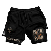 Psalm 27:1 Faith Over Fear Men's Double Layer Track Shorts - Christian Cross Workout Shorts