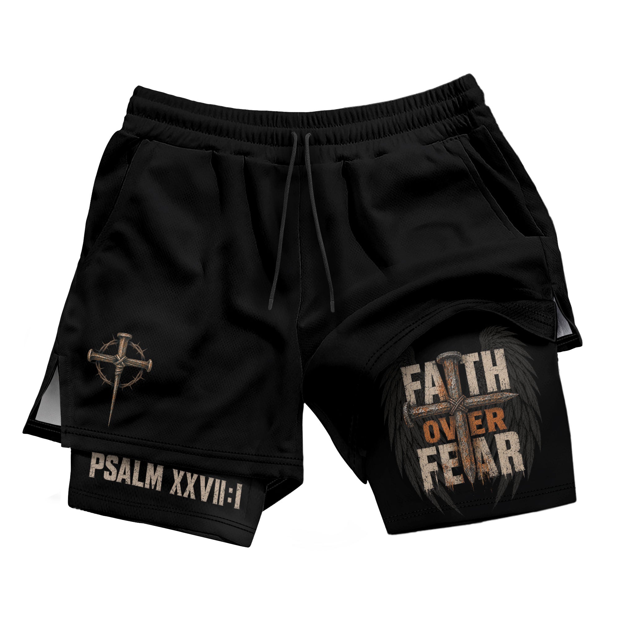 Psalm 27:1 Faith Over Fear Men's Double Layer Track Shorts - Christian Cross Workout Shorts