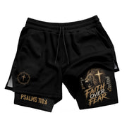Psalms 118:6 Lion Faith Over Fear Men's Double Layer Track Shorts - Christian Gym Shorts