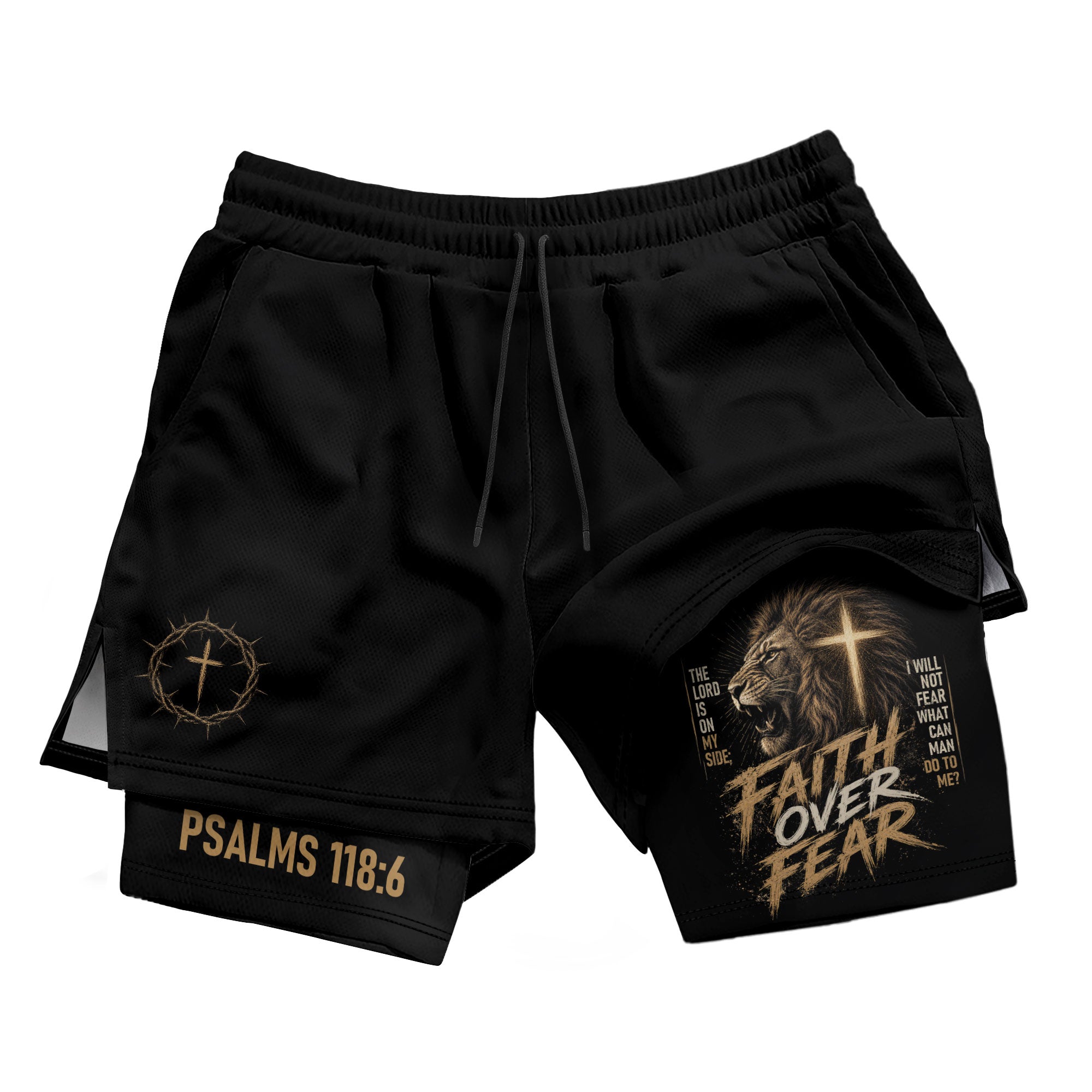 Psalms 118:6 Lion Faith Over Fear Men's Double Layer Track Shorts - Christian Gym Shorts