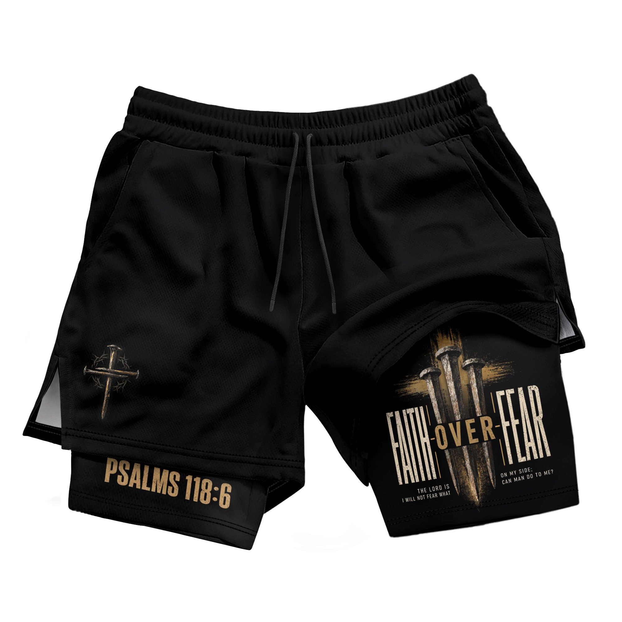 Psalms 118:6 Faith Over Fear Men's Double Layer Track Shorts - Christian Nail Cross Shorts