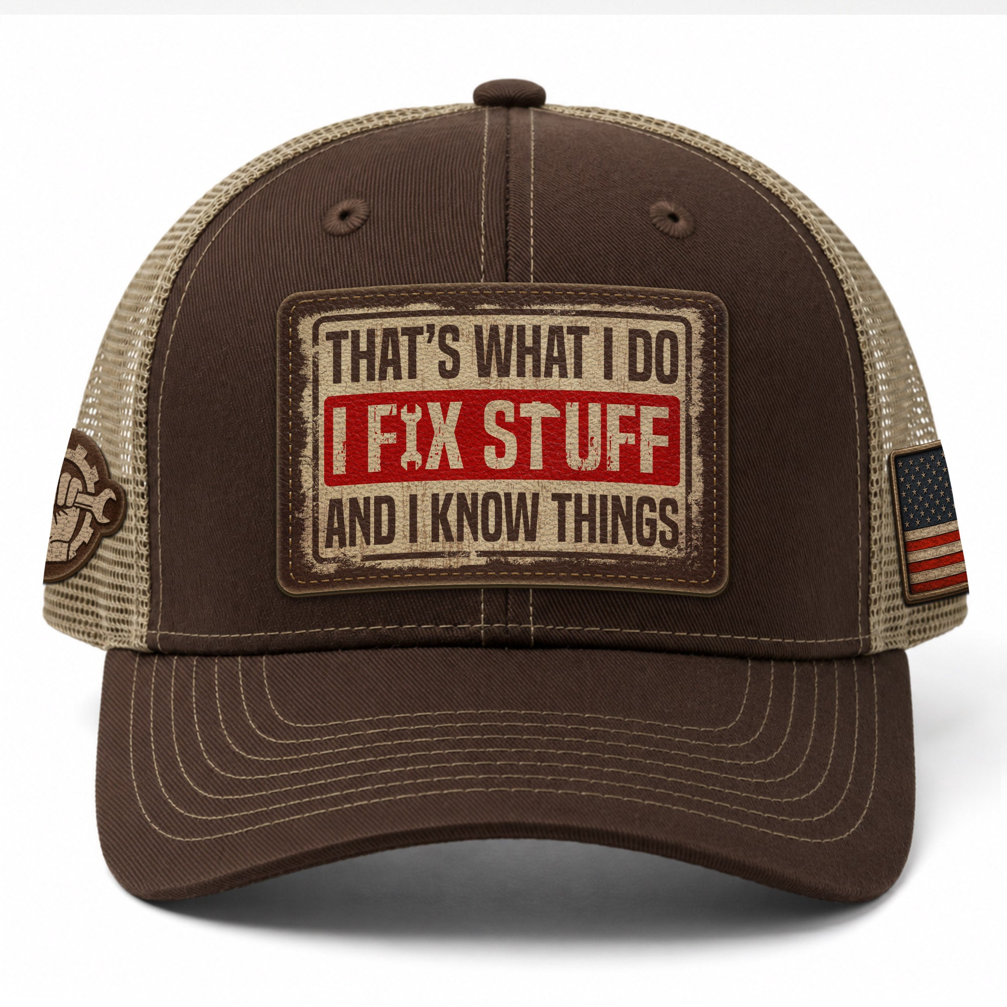 Brown I Fix Stuff And I Know Things Funny Mechanic Men Patch Trucker Hat Casual