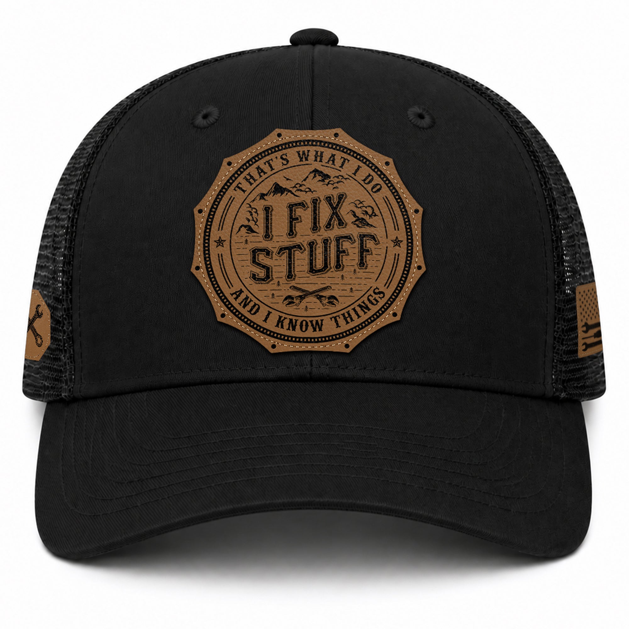 That's What I Do I Fix Stuff Round Leather Patch Black Trucker Hat Handyman Gift