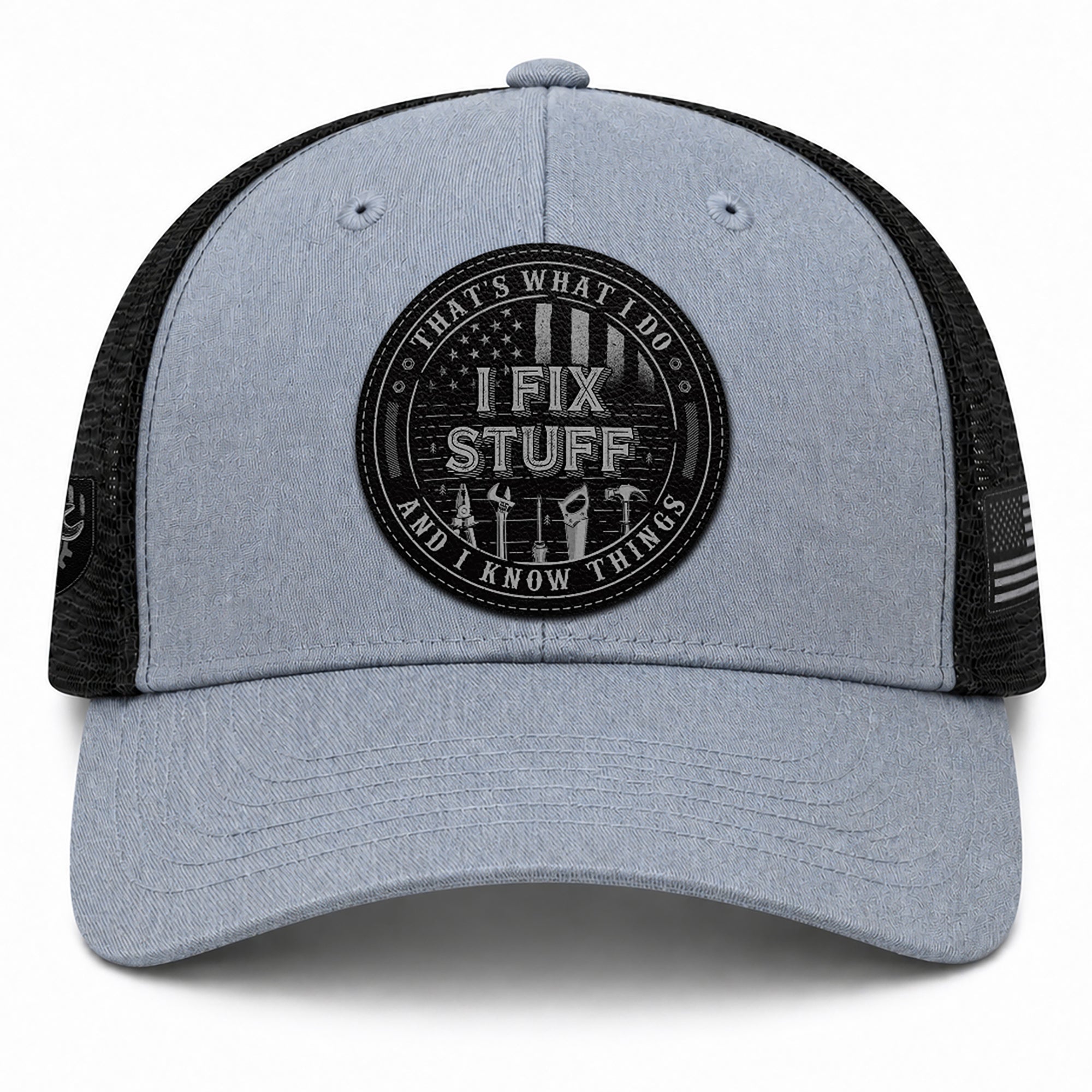 That's What I Do I Fix Stuff Round Patch Grey Trucker Hat Cool Handyman Gift Idea