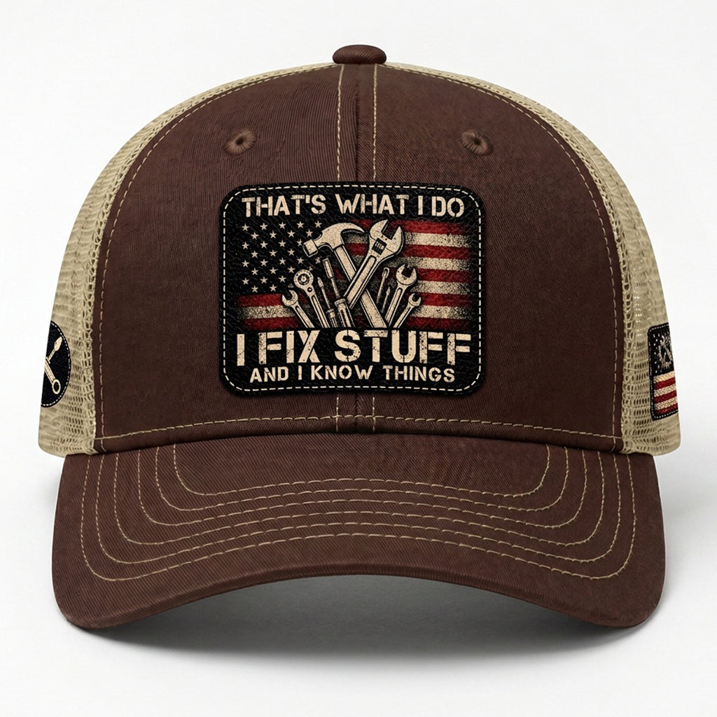 That's What I Do I Fix Stuff American Flag Brown Trucker Hat Cool Handyman Gift Idea
