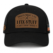 That's What I Do I Fix Stuff Leather Patch Black Trucker Cap Handy Dad Gift Idea