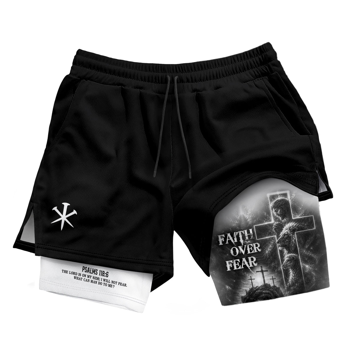 Faith Over Fear Double Layer Track Shorts Mens Christian Athletic Gym Shorts Cross Lion - Rust Field Wear