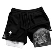 Faith Over Fear Mens Double Layer Track Shorts Warrior Lion Christian Gym Shorts Psalms 118:6 - Rust Field Wear