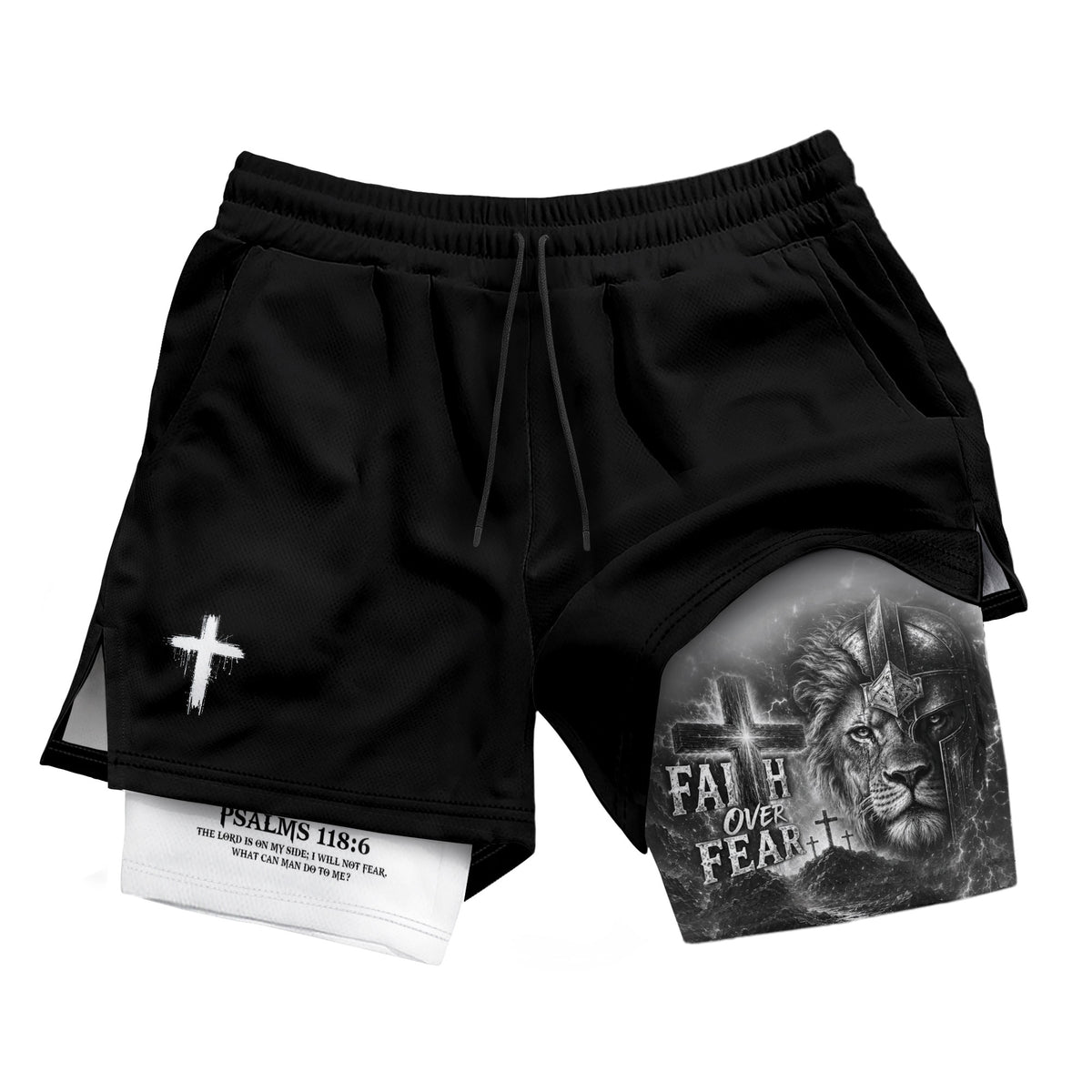 Faith Over Fear Mens Double Layer Track Shorts Warrior Lion Christian Gym Shorts Psalms 118:6 - Rust Field Wear