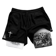 Mens Double Layer Track Shorts Faith Over Fear Christian Gym Workout Shorts Psalms 118:6 - Rust Field Wear