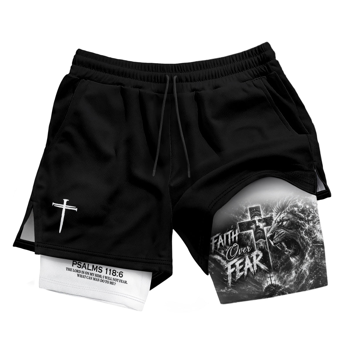 Mens Double Layer Track Shorts Faith Over Fear Christian Gym Workout Shorts Psalms 118:6 - Rust Field Wear