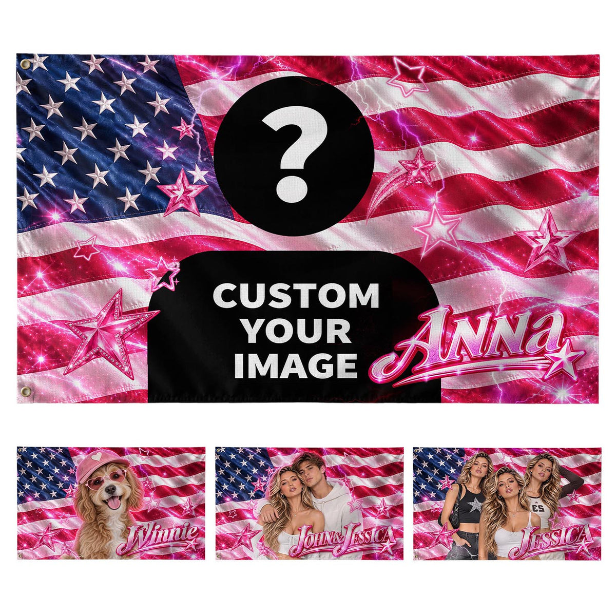 Pink Stars and Custom Name Photo Collage Pink Flag Custom, Custom Flag with Picture and Pink American Flag Custom, Rustfield Co. - Rust Field Wear