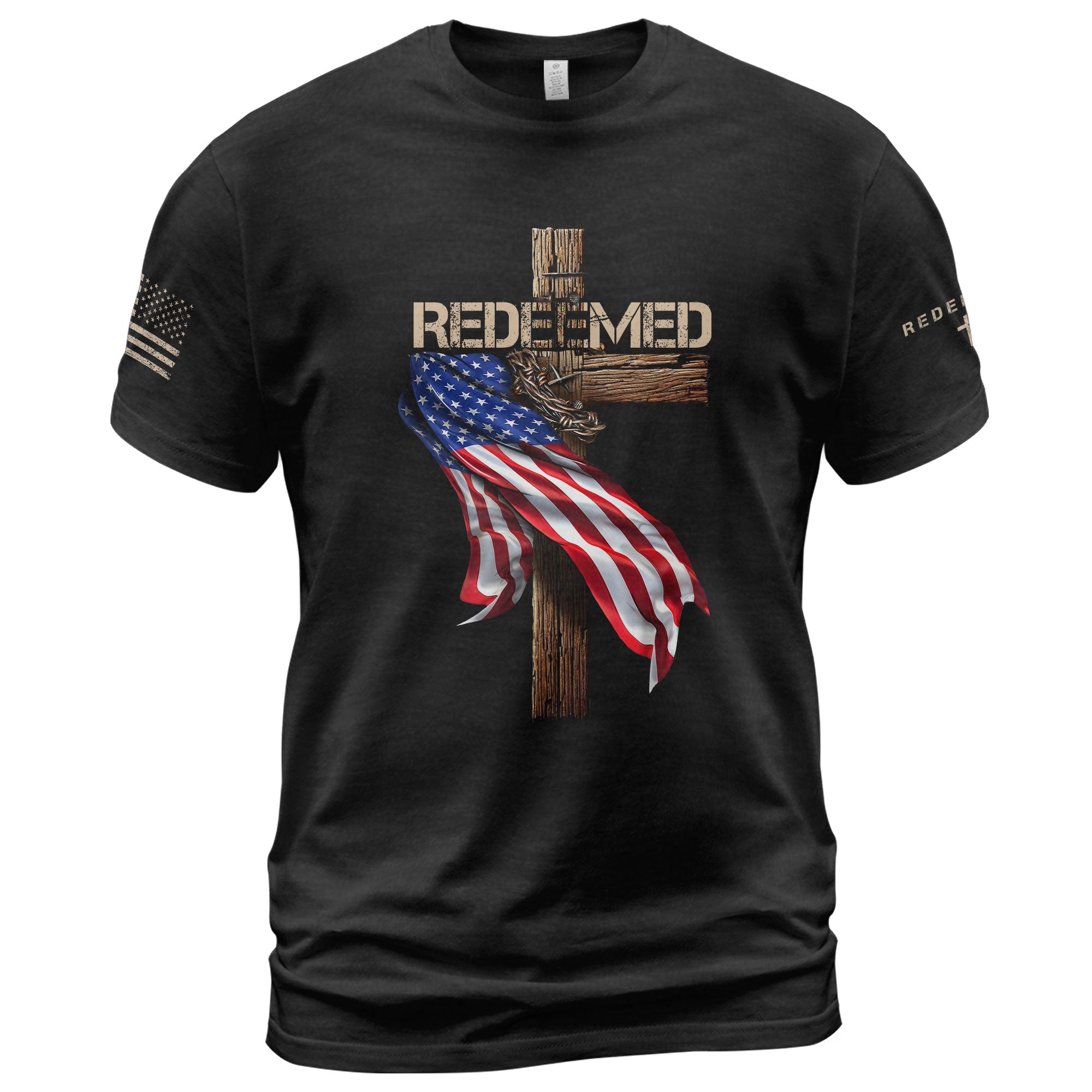 Redeemed by Christ T-Shirt – American Flag Cross