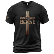 Believe In The Cross – Rustic Wood Christian T-shirt