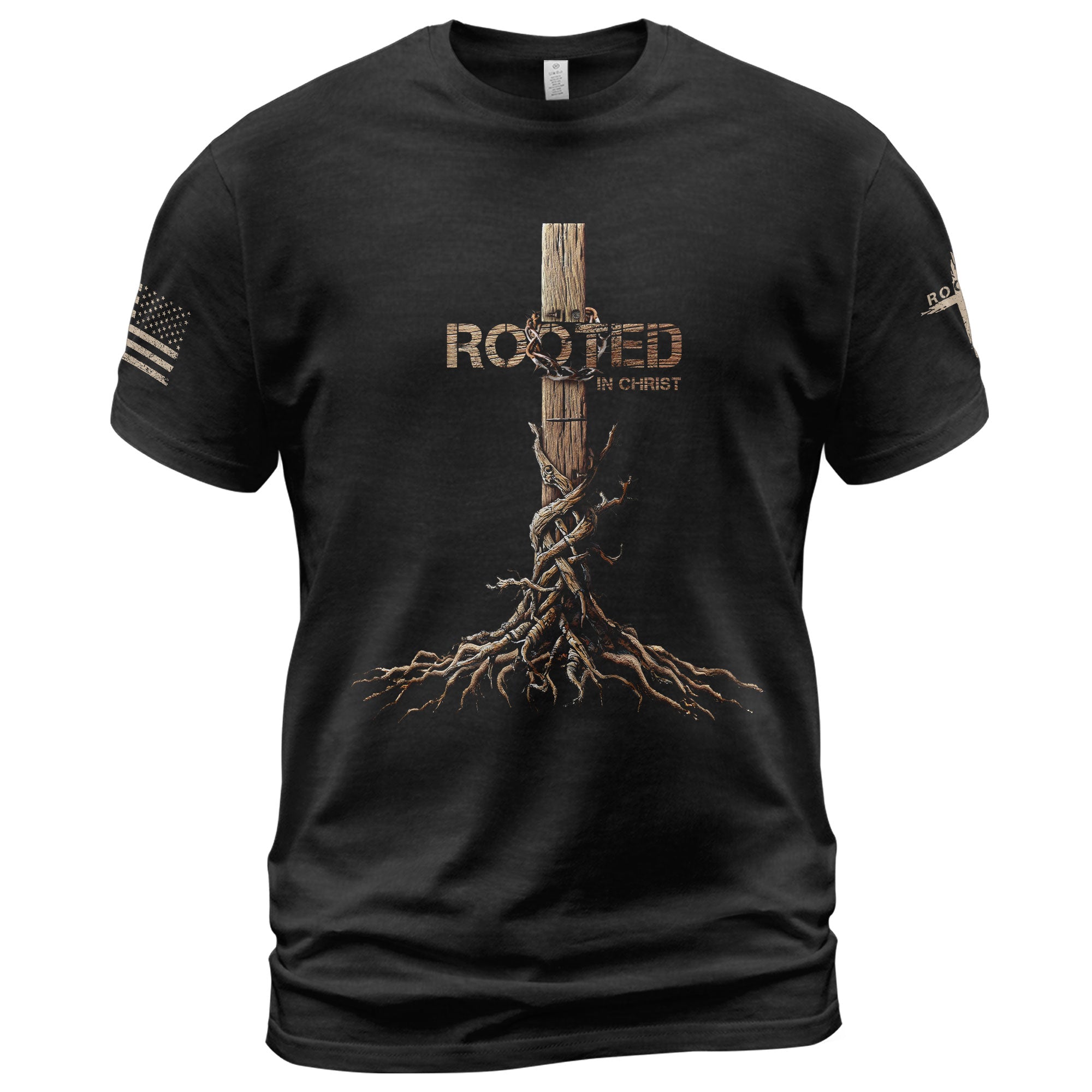 Rooted in Christ Cross & Roots Christian T-Shirt