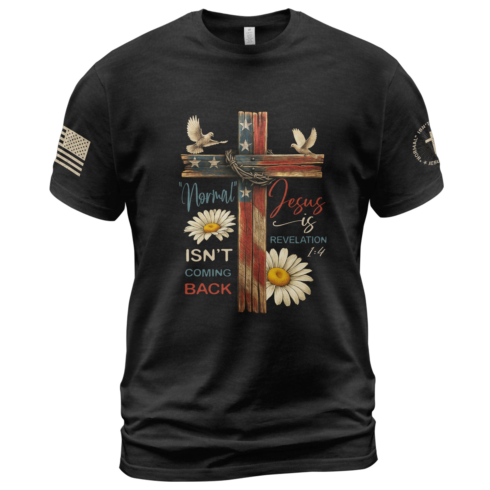Normal Isn’t Coming Back – Jesus Is Shirt | Revelation 1:4 Floral USA Flag Cross Tee