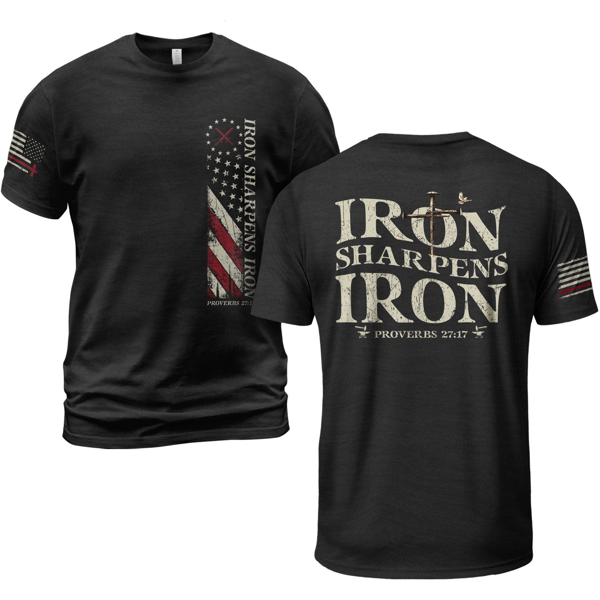 Iron Sharpens Iron | Christian Cross & American Flag Tee