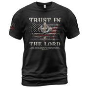 Trust In The Lord Christian T-Shirt – Proverbs 3:5-6 Bible Verse American Flag Cross - Rust Field Wear