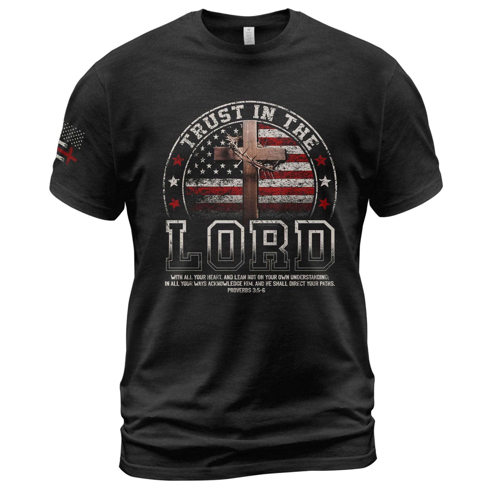 Trust In The Lord – Christian American Flag Cross T-Shirt - Rust Field Wear