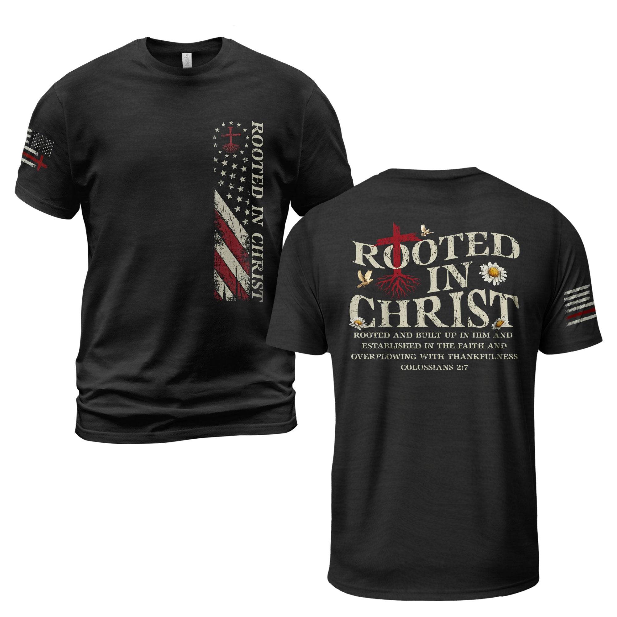 Rooted in Christ Back Print Colossians 2:7 T-Shirt - Rust Field Wear
