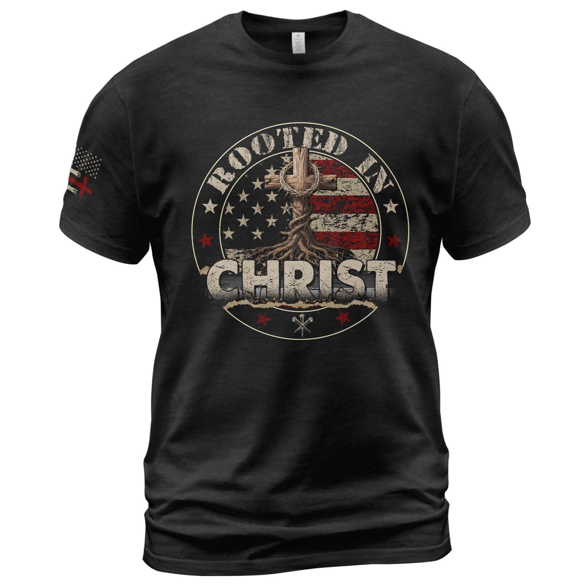 Rooted in Christ American Flag & Cross T-Shirt - Rust Field Wear