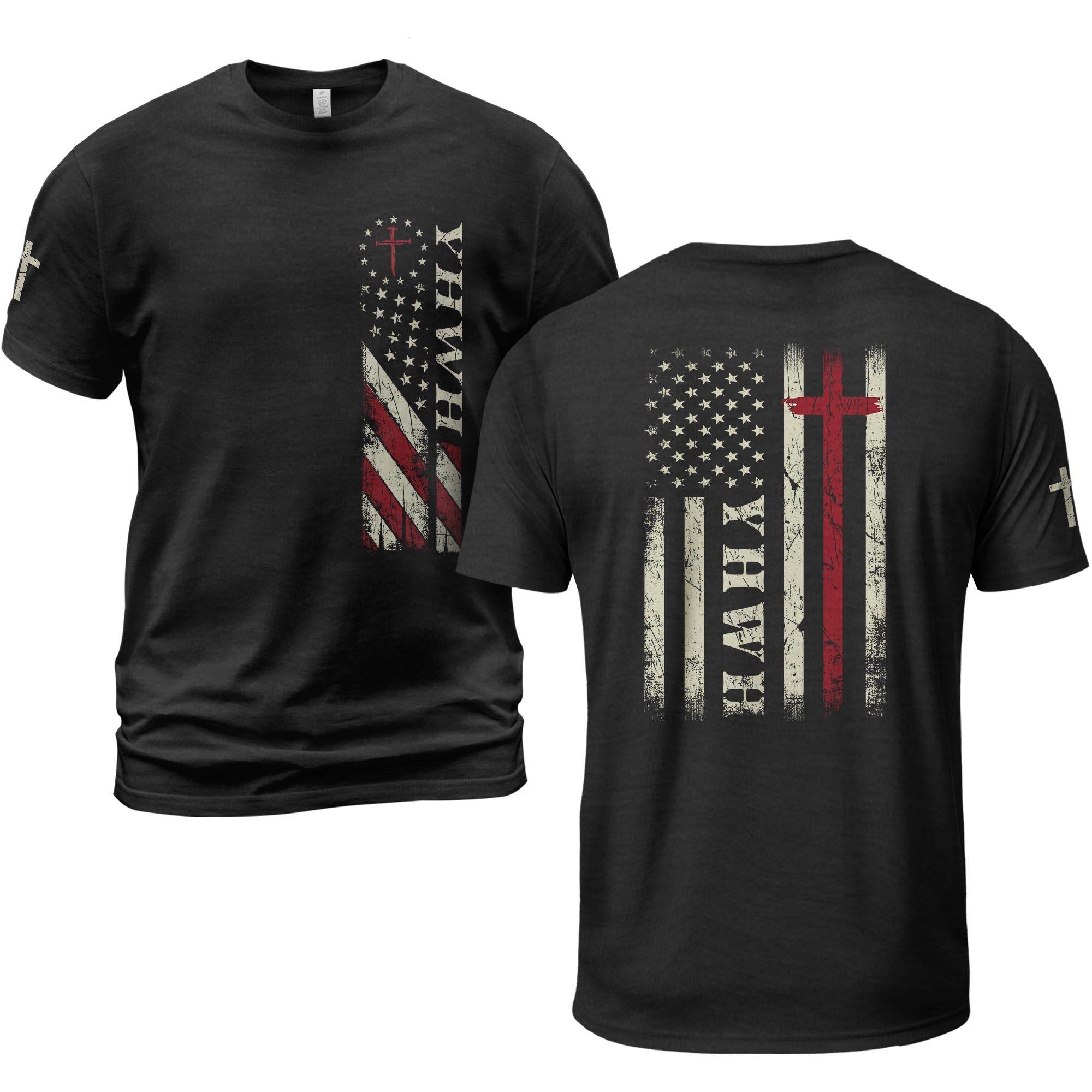 YHWH American Flag Cross Christian T-Shirt – Patriotic Faith Apparel - Rust Field Wear