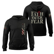 Faith Over Fear Hoodie – Cross & American Flag Front Back Print - Rust Field Wear