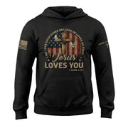 Jesus Loves You Hoodie – 1 John 4:19 Cross, Doves & Flag - Rust Field Wear