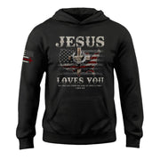 Jesus Loves You Hoodie – 1 John 4:19 Cross & USA Flag Design - Rust Field Wear