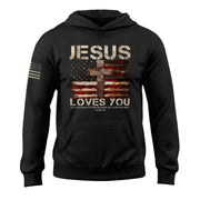 Jesus Loves You Hoodie – 1 John 4:19 Cross & We The People Flag - Rust Field Wear